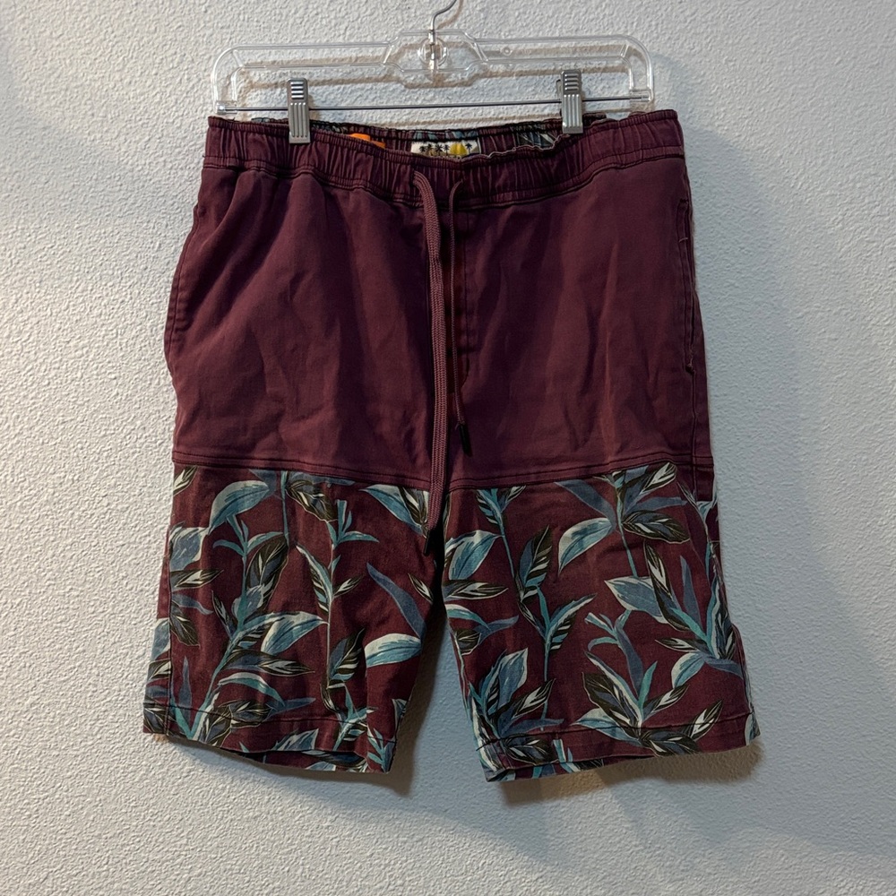 PRNTD Burgundy and Green Leaf Print Shorts